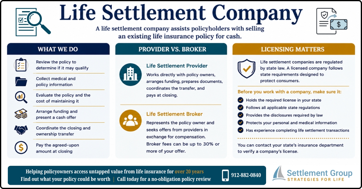 Infographic explaining what a life settlement company does, the difference between a provider and a broker, and how to verify a company's state license before selling a policy.