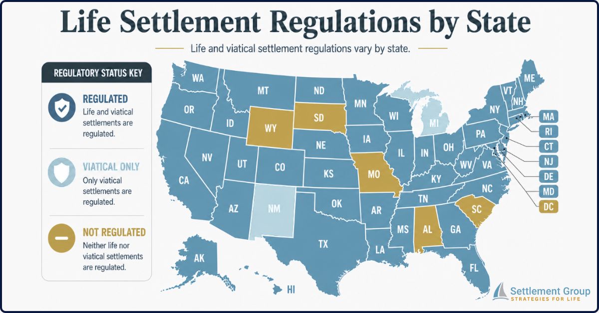 Infographic explaining life settlement regulations by state with a color-coded map of the United States showing which states regulate life and viatical settlements, which regulate only viatical settlements, and which do not regulate either.