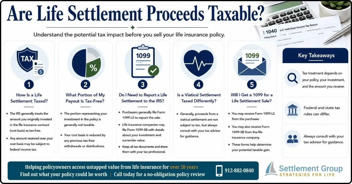 Infographic explaining are life settlement proceeds taxable, including cost basis, taxable proceeds, IRS reporting, viatical settlements, and tax considerations.