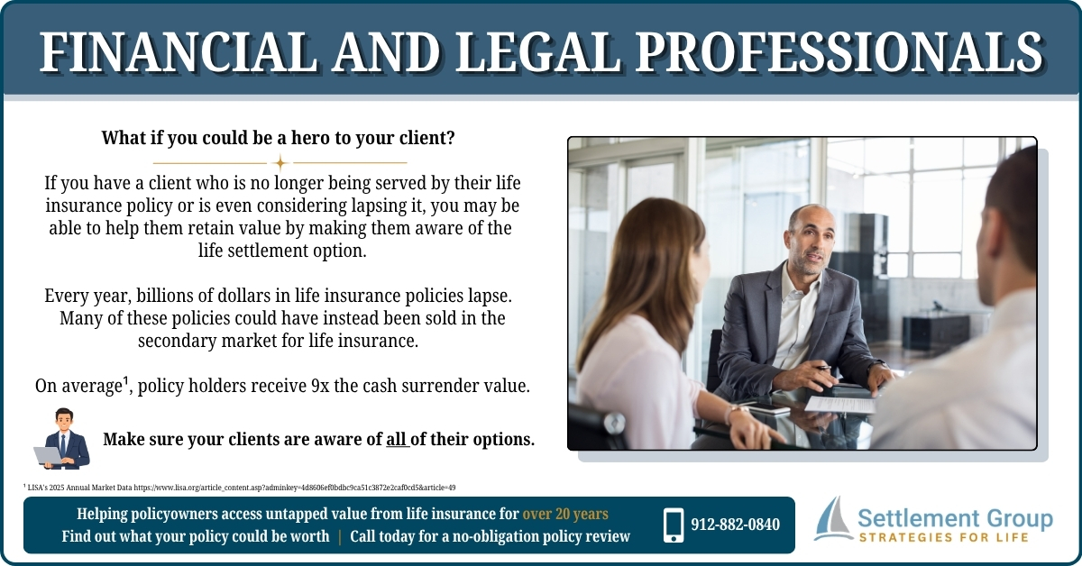 Middle-aged couple going over their life settlement with a financial professional