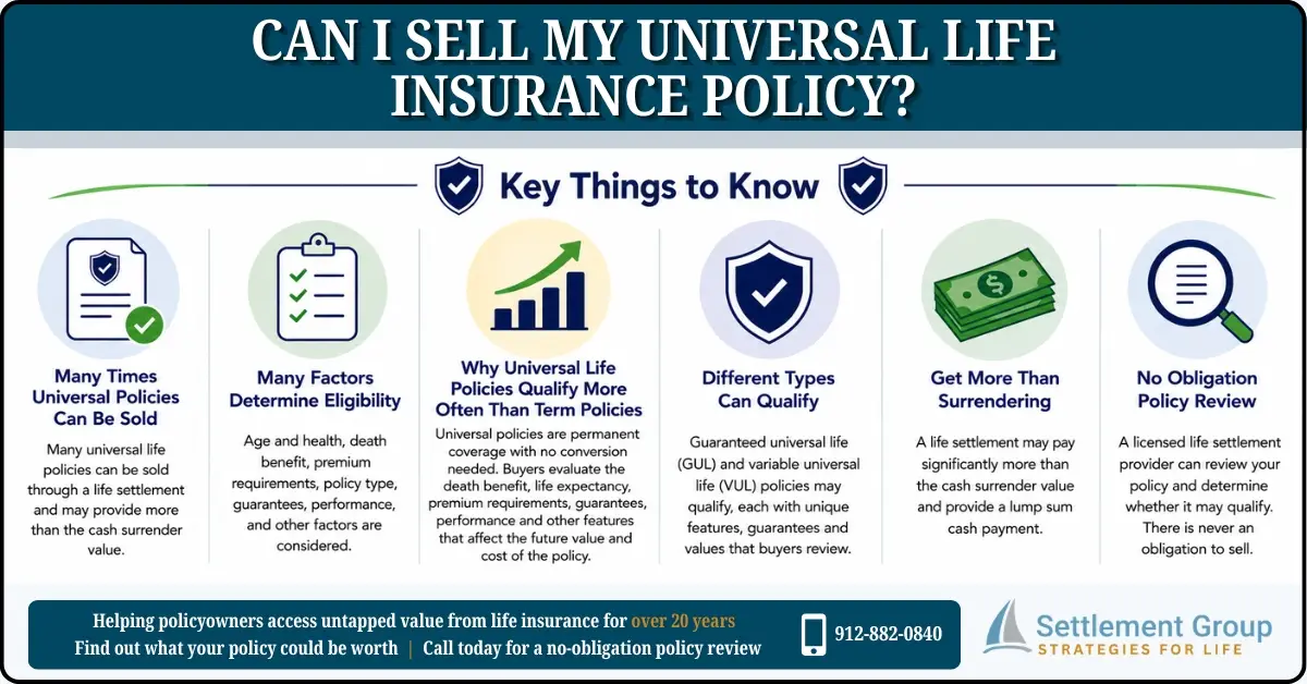 Infographic answering can I sell my universal life insurance policy and explaining eligibility, policy types, settlement value, and factors buyers consider.