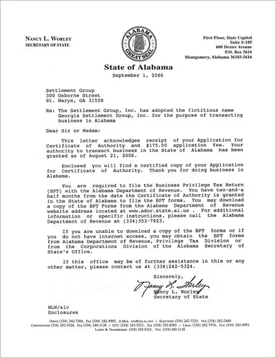 Copy of the Alabama Secretary of State letter confirming The Settlement Group, Inc. (SGI) is authorized to transact business in Alabama.