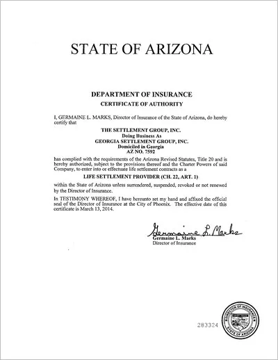 Copy of the Arizona life settlement provider license issued to The Settlement Group, Inc. (SGI) by the Arizona Department of Insurance.