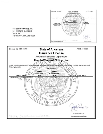 Copy of the Arkansas life settlement provider license issued to The Settlement Group, Inc. (SGI) by the Arkansas Insurance Department.