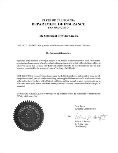 Copy of the California life settlement provider license issued to The Settlement Group, Inc. (SGI) by the California Department of Insurance.