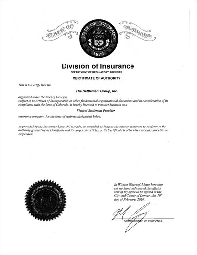Copy of the Colorado viatical settlement provider license issued to The Settlement Group, Inc. (SGI) by the Colorado Division of Insurance.