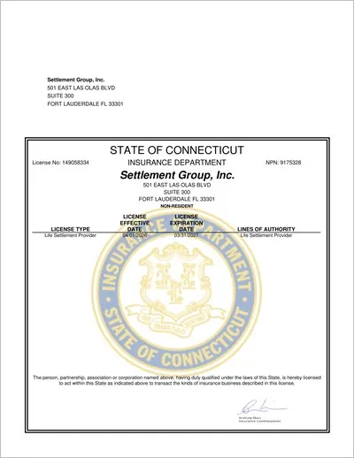 Copy of the Connecticut life settlement provider license issued to The Settlement Group, Inc. (SGI) by the Connecticut Insurance Department.