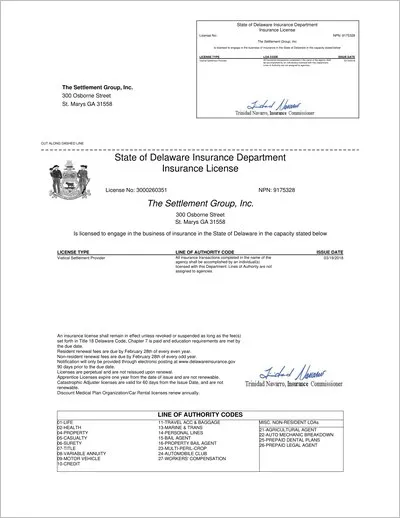 Copy of the Delaware viatical settlement provider license issued to The Settlement Group, Inc. (SGI) by the Delaware Insurance Department.