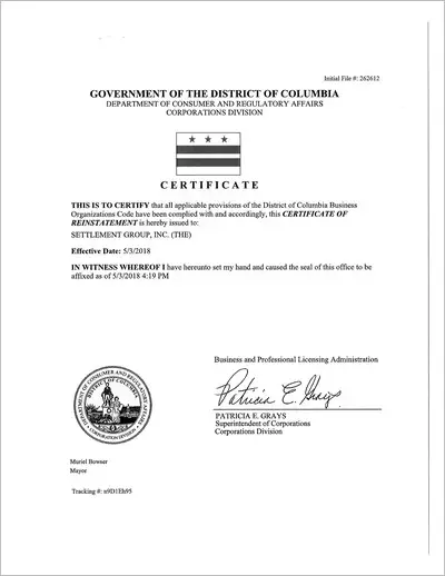 Copy of the certificate of reinstatement issued to The Settlement Group, Inc. (SGI) by the District of Columbia Department of Consumer and Regulatory Affairs, Corporations Division.