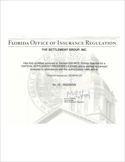 Copy of the Florida viatical settlement provider license issued to The Settlement Group, Inc. (SGI) by the Florida Office of Insurance Regulation.