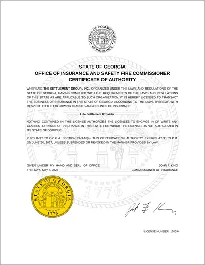 Copy of the Georgia life settlement provider license issued to The Settlement Group, Inc. (SGI) by the Georgia Office of Insurance and Safety Fire Commissioner.