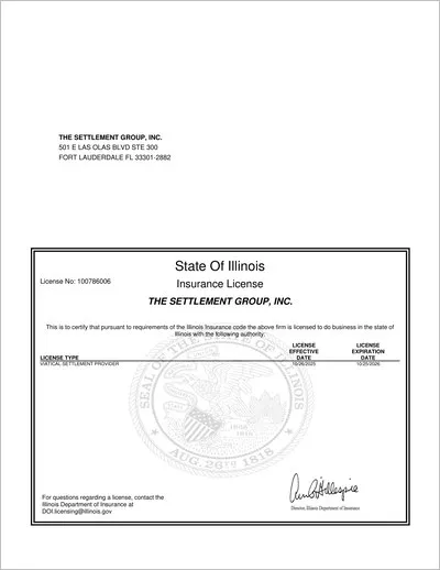 Copy of the Illinois viatical settlement provider license issued to The Settlement Group, Inc. (SGI) by the Illinois Department of Insurance.