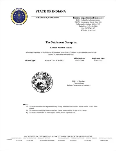 Copy of the Indiana viatical settlement provider license issued to The Settlement Group, Inc. (SGI) by the Indiana Department of Insurance.