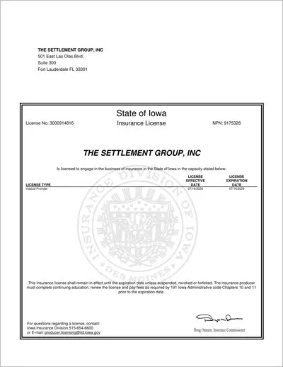 Copy of the Iowa viatical settlement provider license issued to The Settlement Group, Inc. (SGI) by the Iowa Insurance Division.