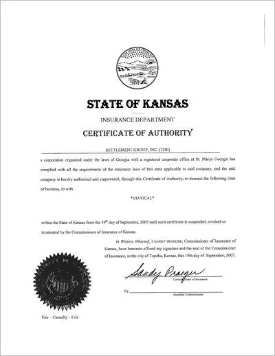 Copy of the Kansas viatical settlement provider license issued to The Settlement Group, Inc. (SGI) by the Kansas Insurance Department.