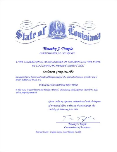 Copy of the Louisiana viatical settlement provider license issued to The Settlement Group, Inc. (SGI) by the Louisiana Department of Insurance.