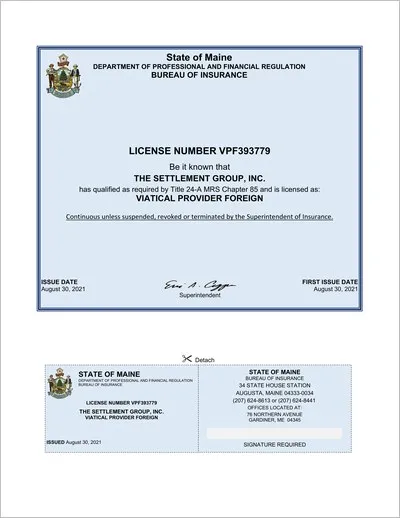 Copy of the Maine viatical settlement provider license issued to The Settlement Group, Inc. (SGI) by the Maine Bureau of Insurance.