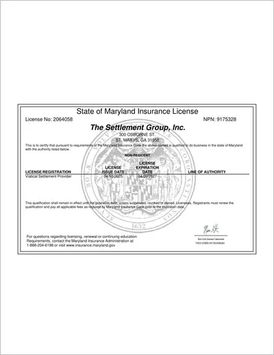 Copy of the Maryland viatical settlement provider license issued to The Settlement Group, Inc. (SGI) by the Maryland Insurance Administration.