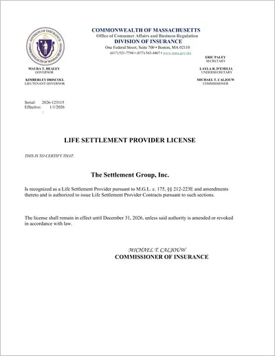 Copy of the Massachusetts life settlement provider license issued to The Settlement Group, Inc. (SGI) by the Massachusetts Division of Insurance.