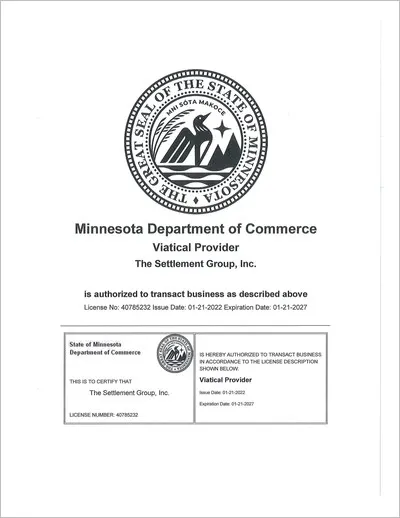 Copy of the Minnesota viatical settlement provider license issued to The Settlement Group, Inc. (SGI) by the Minnesota Department of Commerce.