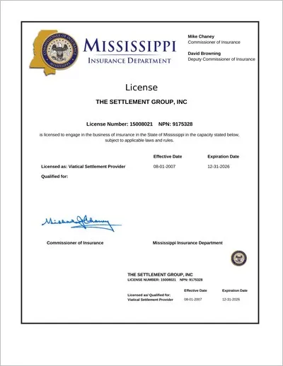 Copy of the Mississippi viatical settlement provider license issued to The Settlement Group, Inc. (SGI) by the Mississippi Insurance Department.
