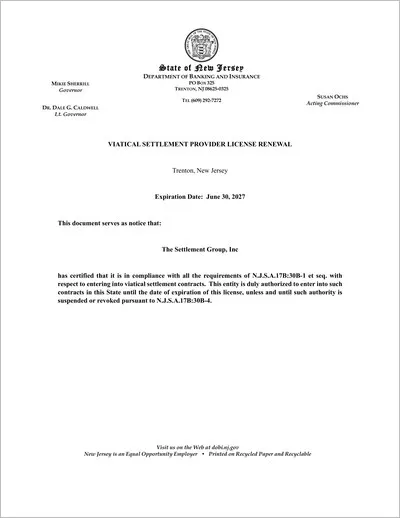 Copy of the New Jersey viatical settlement provider license issued to The Settlement Group, Inc. (SGI) by the New Jersey Department of Banking and Insurance.
