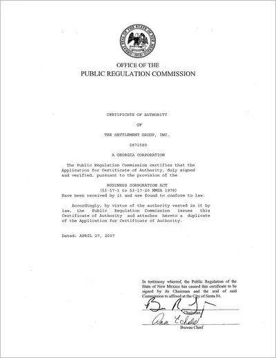 Copy of the certificate of authority to transact business in New Mexico issued to The Settlement Group, Inc. (SGI) by the New Mexico Public Regulation Commission.