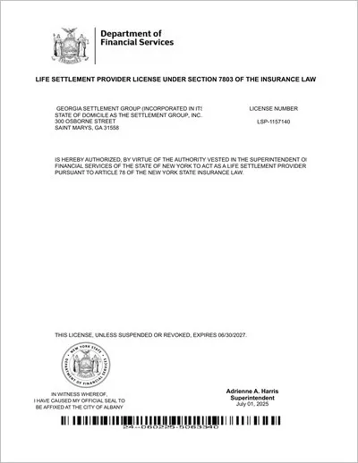 Copy of the New York life settlement provider license issued to The Settlement Group, Inc. (SGI) by the New York State Department of Financial Services.