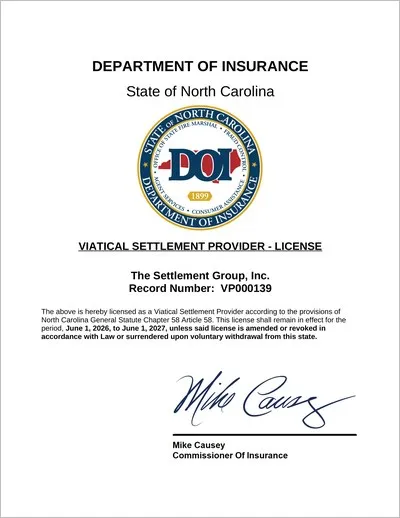 Copy of the North Carolina viatical settlement provider license issued to The Settlement Group, Inc. (SGI) by the North Carolina Department of Insurance.