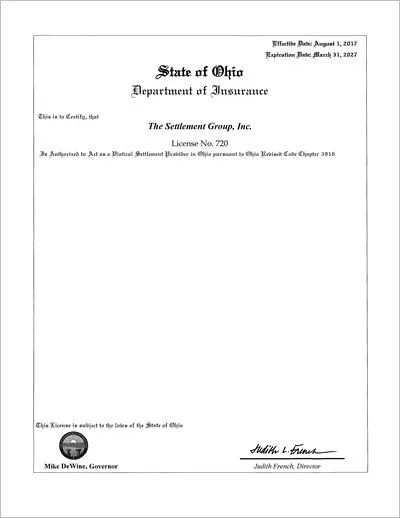 Copy of the Ohio viatical settlement provider license issued to The Settlement Group, Inc. (SGI) by the Ohio Department of Insurance.