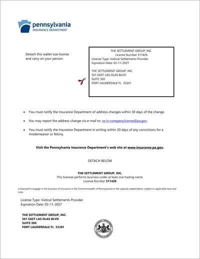 Copy of the Pennsylvania viatical settlement provider license issued to The Settlement Group, Inc. (SGI) by the Pennsylvania Insurance Department.