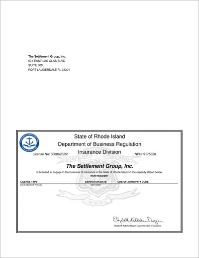 Copy of the Rhode Island life settlement provider license issued to The Settlement Group, Inc. (SGI) by the Rhode Island Department of Business Regulation, Insurance Division.