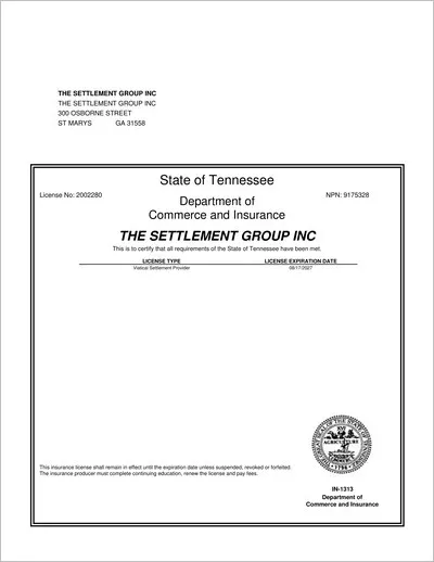Copy of the Tennessee viatical settlement provider license issued to The Settlement Group, Inc. (SGI) by the Tennessee Department of Commerce and Insurance.