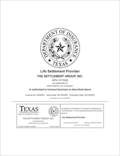 Copy of the Texas life settlement provider license issued to The Settlement Group, Inc. (SGI) by the Texas Department of Insurance.