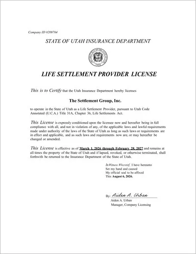 Copy of the Utah life settlement provider license issued to The Settlement Group, Inc. (SGI) by the Utah Insurance Department.