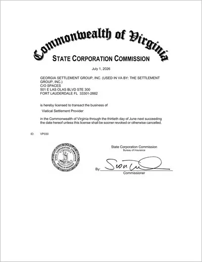 Copy of the Virginia viatical settlement provider license issued to The Settlement Group, Inc. (SGI) by the Virginia State Corporation Commission Bureau of Insurance.