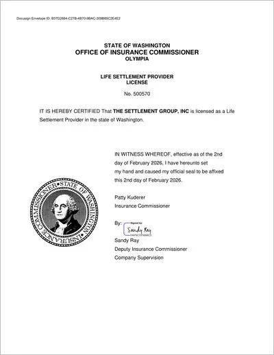 Copy of the Washington life settlement provider license issued to The Settlement Group, Inc. (SGI) by the Washington Office of the Insurance Commissioner.