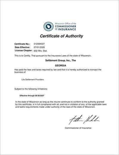 Copy of the Wisconsin life settlement provider license issued to The Settlement Group, Inc. (SGI) by the Wisconsin Office of the Commissioner of Insurance.