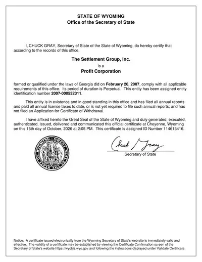 Copy of the certificate of good standing for The Settlement Group, Inc.
